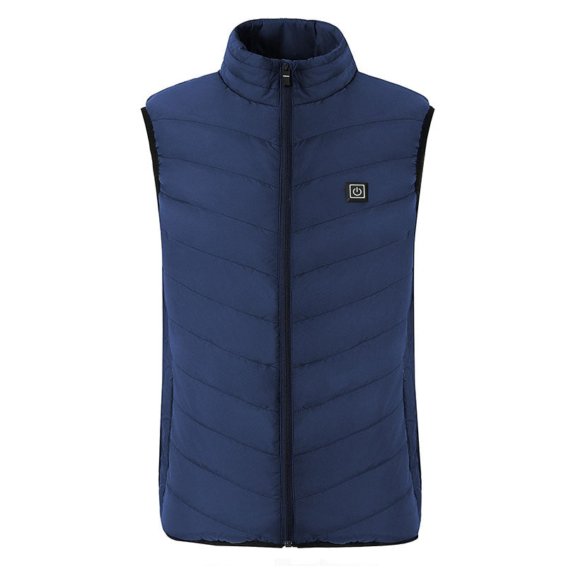 Front View of Blue USB Heated Men Vest Jacket on a White Background