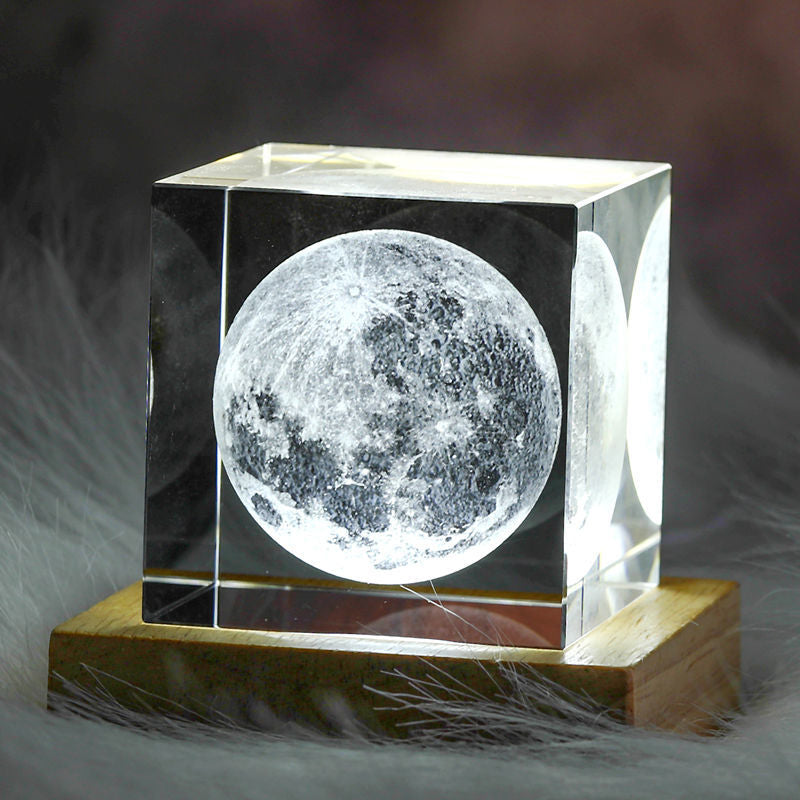 3D Moon Solar Galaxy System Model Paperweight Laser Etched Crystal Glass Cube LED Night Light Desktop Room Decor Creative Gifts