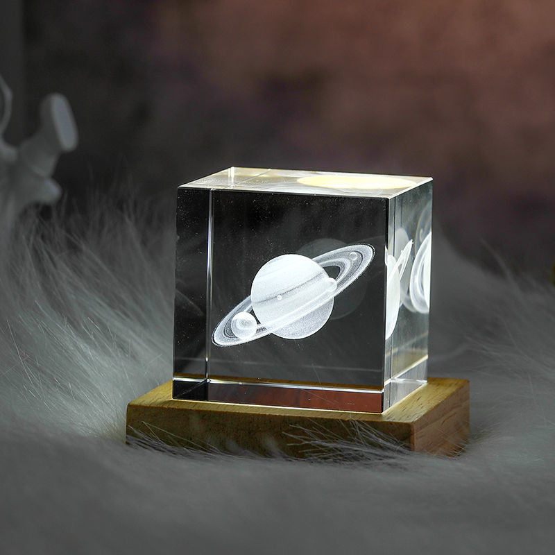 3D Moon Solar Galaxy System Model Paperweight Laser Etched Crystal Glass Cube LED Night Light Desktop Room Decor Creative Gifts