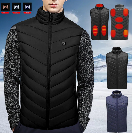 Black Blue USB Heated Men Vest Jacket with Snow Ice Mountain Background Black USB Heated Men Vest Jacket with Male Model