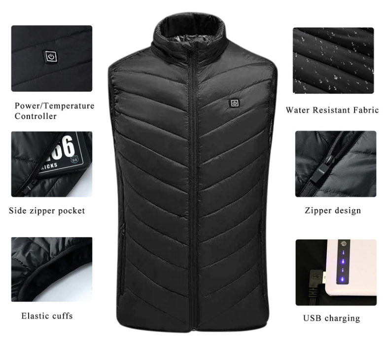 Black USB Heated Men Vest Jacket Product Features on a White Background
